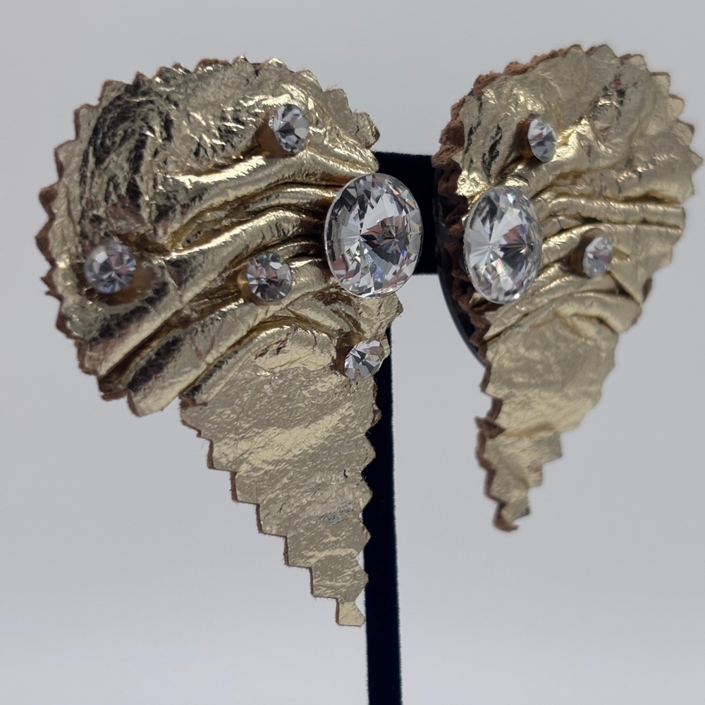 1980’s Vintage Huge Metallic Gold Leather Earrings with Clear Rhinestones‎